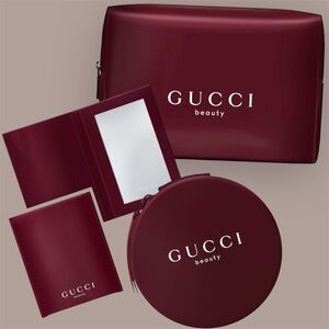 Burgundy Gucci Beauty Compact Mirror + Cosmetic Pouch/Circle Case Trio SET